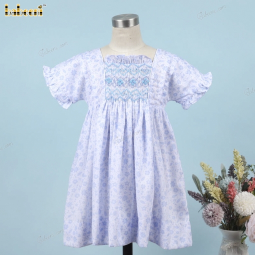 Geometric Smocked Dress Blue Flower On White For Girl - BB3286