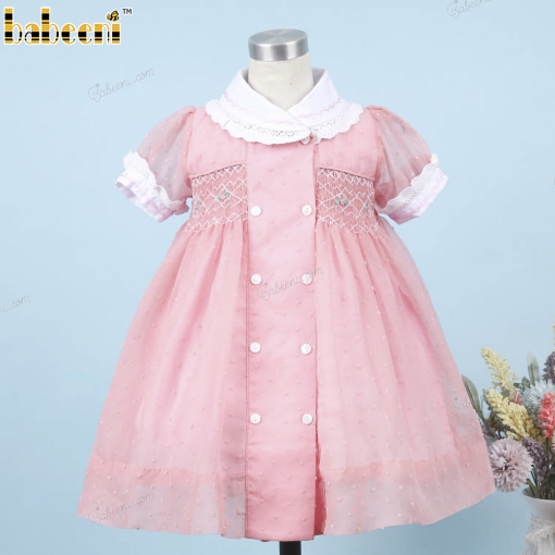 Geometric Smocked Dress Pink Button Front For Girl - BB3287