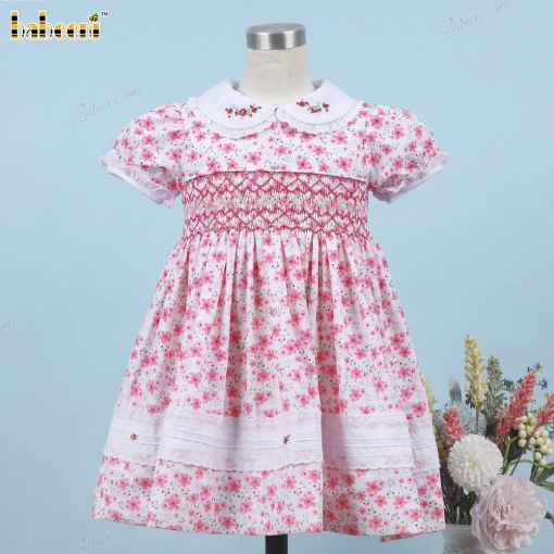Geometric Smocked Belted Dress Cherry Blossom On White For Girl - BB3291