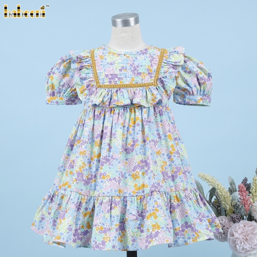Blue Yellow Floral Plain Dress For Girl - BB3303
