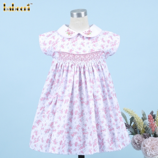 Geometric Smocked Dress With Pink Hand Embroidery Flowers For Girl  - BB3305