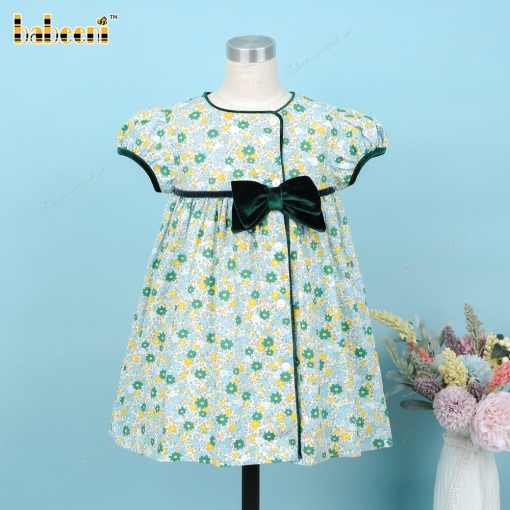 Green Floral Dress Velvet Accent For Girl - BB3344