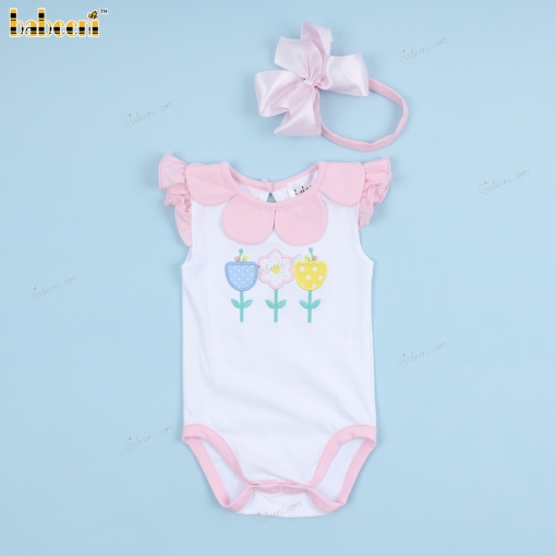 Applique Bodysuit Flowers And Pink Accent For Girl - BB3360A