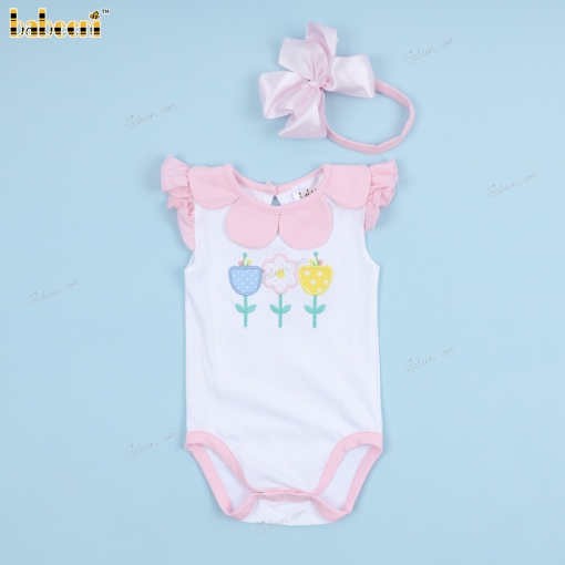 Applique Bodysuit Flowers And Pink Accent For Girl - BB3360