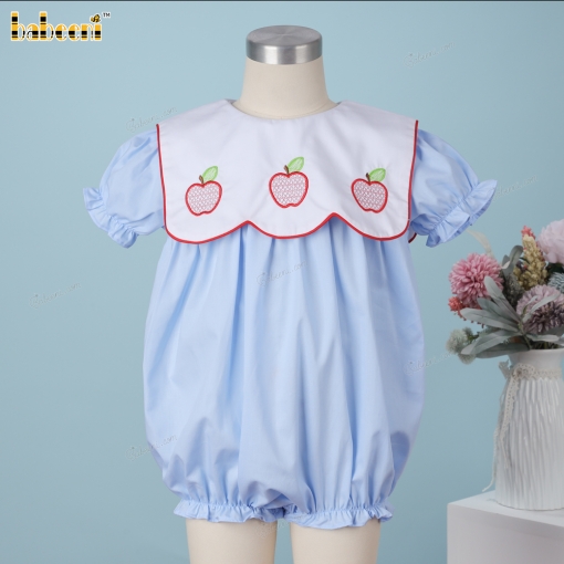 Girl Bubble In Blue With Apple Embroidered Back To School Eve - BB3408