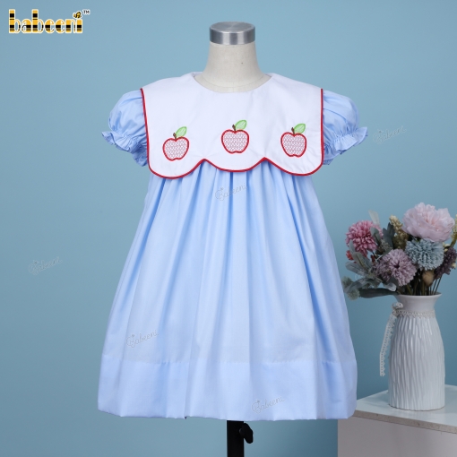 Girl Dress In Blue With Apple Embroidered Back To School Eve - BB3410