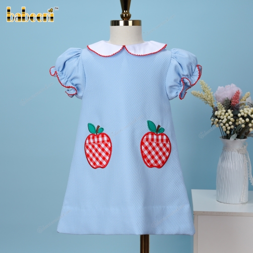 Girl Dress In Blue With Apple Embroidered - BB3422