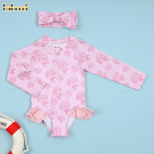 Fancy Pink Swimwear with bow tie and sweet candy pattern For Girl - BB3432