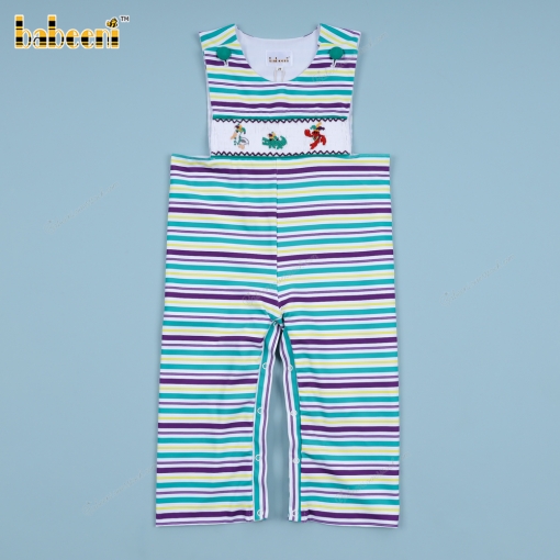 Horizontal stripes hand smocked boy longall Mardi Gras theme – BB3448A