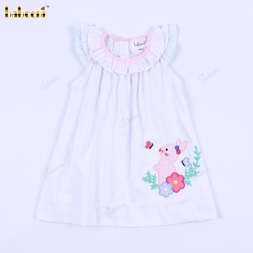 Applique Dress Bunny Pink Accent Neck For Girl - BB3249