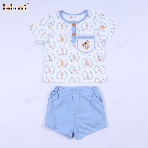 2 Pieces Rabbit Embroidery Blue On  White For Boy - BB3126