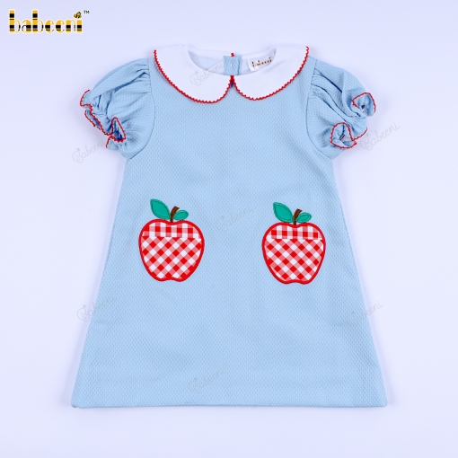 Girl Dress In Blue With Apple Embroidered - BB3422