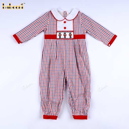 Red and navy windowpane smocked boy bubble - BB3104