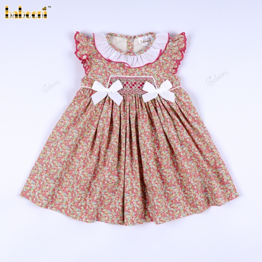 Geometric Smocked Dress In Red Floral White Neck For Girl - BB3219