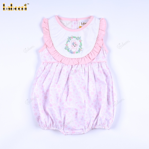 Hand Embroidery Bubble Easter Pink Bunny In Wreath For Girl - BB3222