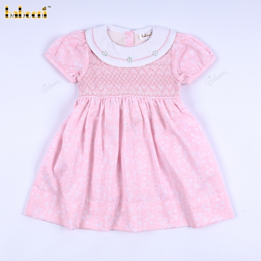 Geometric Smocked Bleted Dress Pink White Neck Embroidery For Girl - BB3277