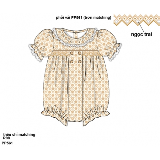 Golden Vintage Floral Puff-Sleeve Baby Bubble Romper (Pre-Order)- BB3622