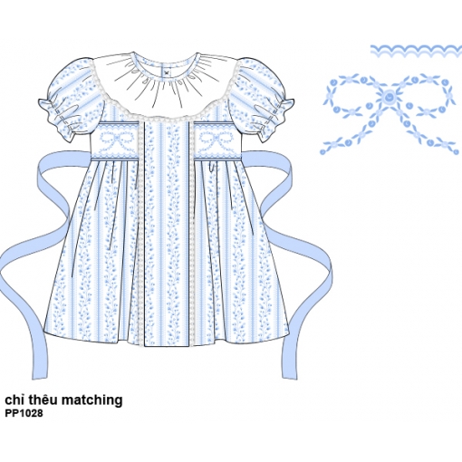 Blue Floral Embroidered Puff-Sleeve Baby Dress with Ribbon Ties (Pre-Order)- BB3623