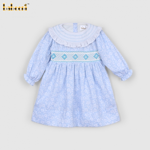 Geometric Smocked Belted Dress In Blue For Girl - BB3203A