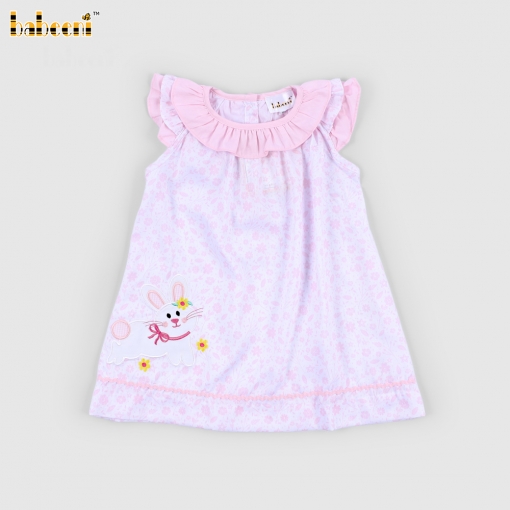 Machine Embroidery Bunny Dress In Pink For Girl - BB3246