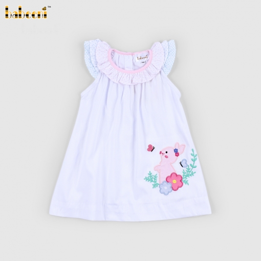 Applique Dress Bunny Pink Accent Neck For Girl - BB3249