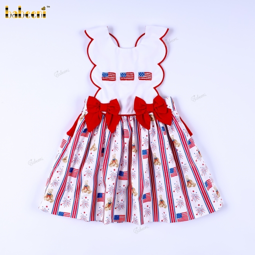Patriotic Teddy & Flag Bow Dress for Girls- BB3596