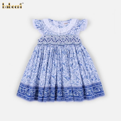Blue Floral Smocked Ruffle-Sleeve Baby Dress - BB3625