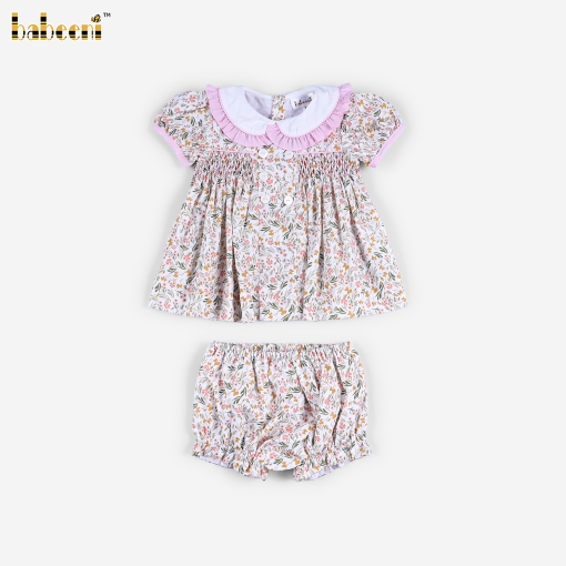 Floral Bubble Romper with Hand-Smocked Cross Embroidery & Ruffle Neckline- BB3645