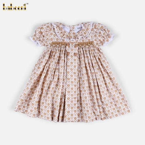 Golden Vintage Floral Puff-Sleeve Baby Dress - BB3621