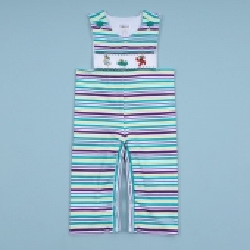 Horizontal stripes hand smocked boy longall Mardi Gras theme – BB3448A