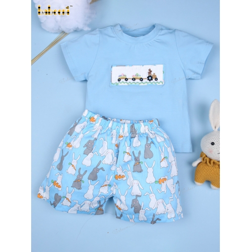 Smocked Easter bunny and eggs blue boy set - BB1814A