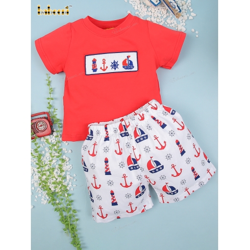 Smocked anchor and boat boy printed set - BB1883B