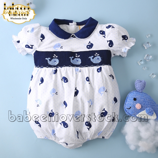 Smocked whale girl bubble navy and white - BB2064A