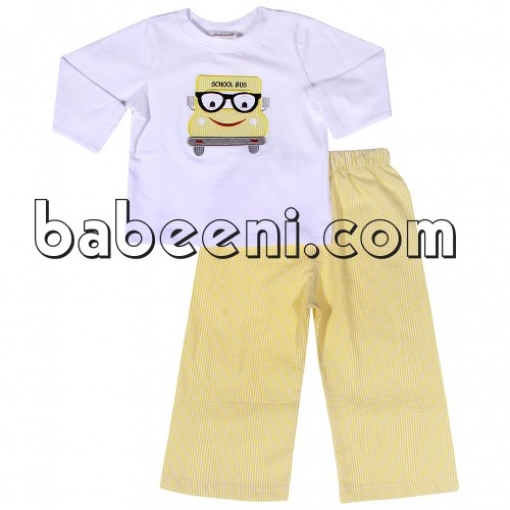 Nice schoolbus applique long set for boys - BB718D