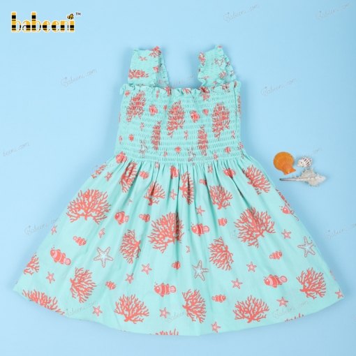 Shirred Sea Creature Printed Dress For Girl - BB3161A