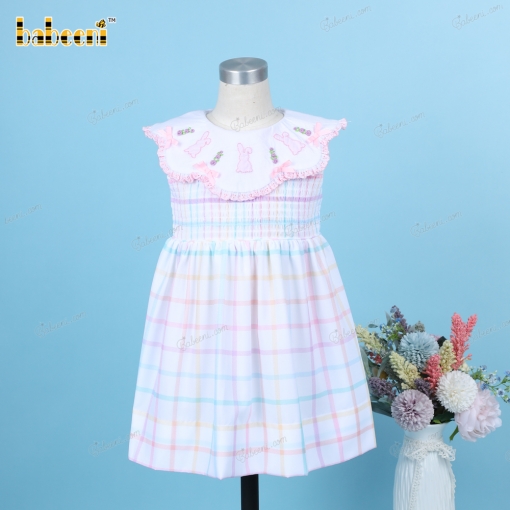 Shirred Dress Hand Embroidery Bunny Pink For Girl - BB3248C