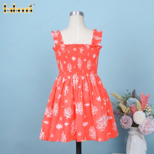 Shirred Dress In Orange White Coral For Girl - BB3262