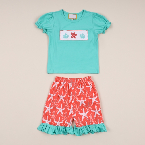 Short girl set mint coral smocked stafish - BB1836B