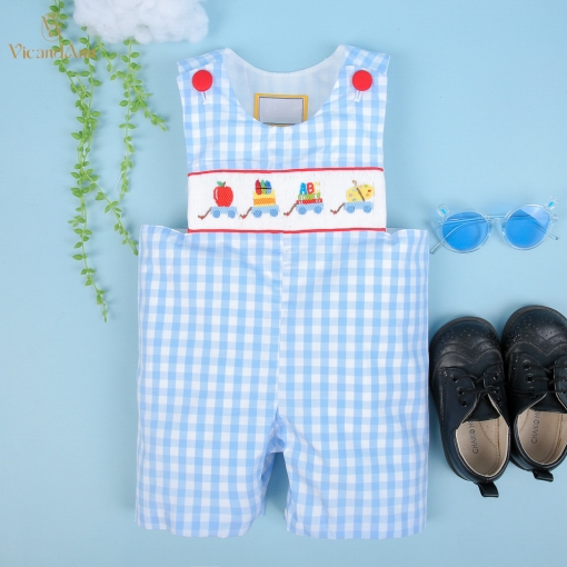 Adorable smocked shortall back to school blue check - BB2154