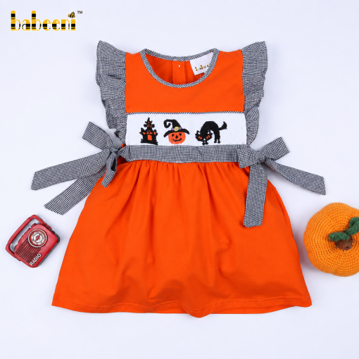 Halloween pattern hand smocked orange dress – BB3077