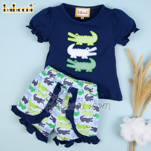 Girl set with appliqued crocodile navy top printed shorts - BB2249A
