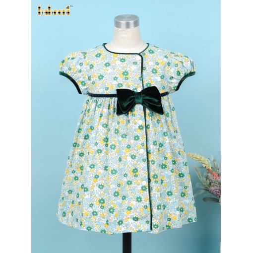 Green Floral Dress Velvet Accent For Girl - BB3344A