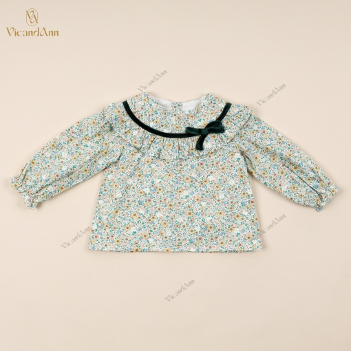 Floral Shirt With Green Velvet For Girl - BB3355