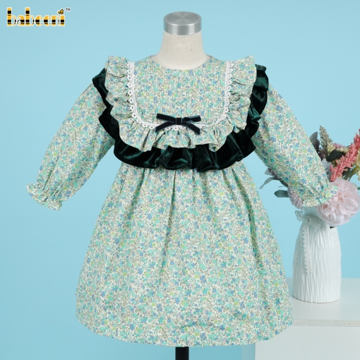 Girl Belted Dress Green Floral Long Sleeve - BB3372A