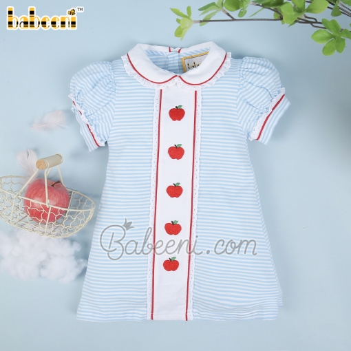 Red apple embroidery blue stripe knit girl dress - BB2161B