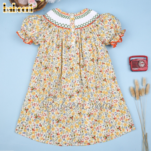 Yellow flower dress with geometric smock around neck - BB1656A