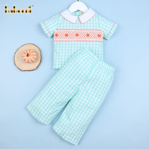 Thanksgiving pumpkin mint check smocked boy set - BB1664