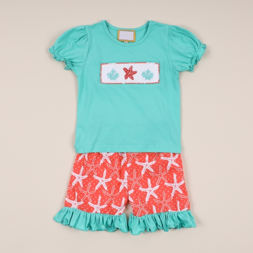 Short girl set mint coral smocked stafish - BB1836