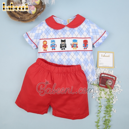 Colorful smocked hero rhombus boy set - BB1852C
