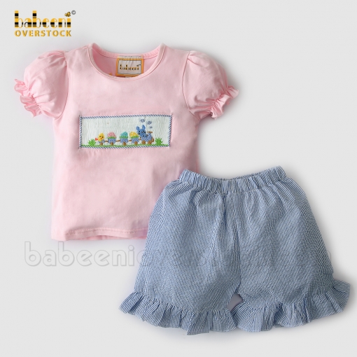 Girl set with smocked Easter train dark blue stripe seesucker - BB2054